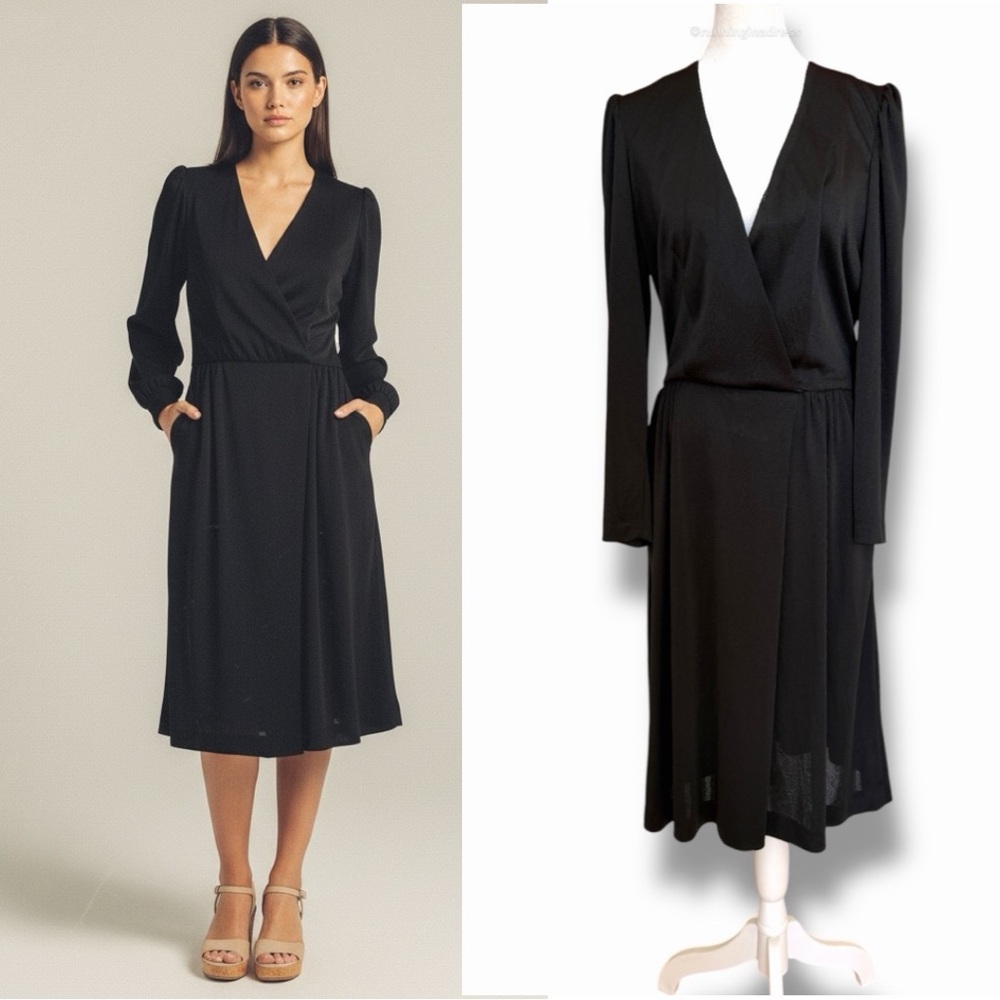 Vintage 70s Black Faux Wrap Midi Dress With Hidden Side Pockets Long Sleeve S